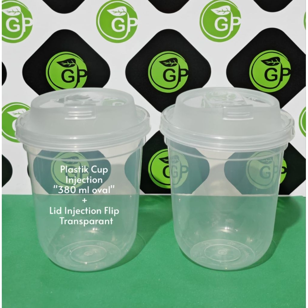 Gelas Plastik Injection Oval 380 ml + Lid Injection Flip Warna Transparant (Harga untuk 50 set,)