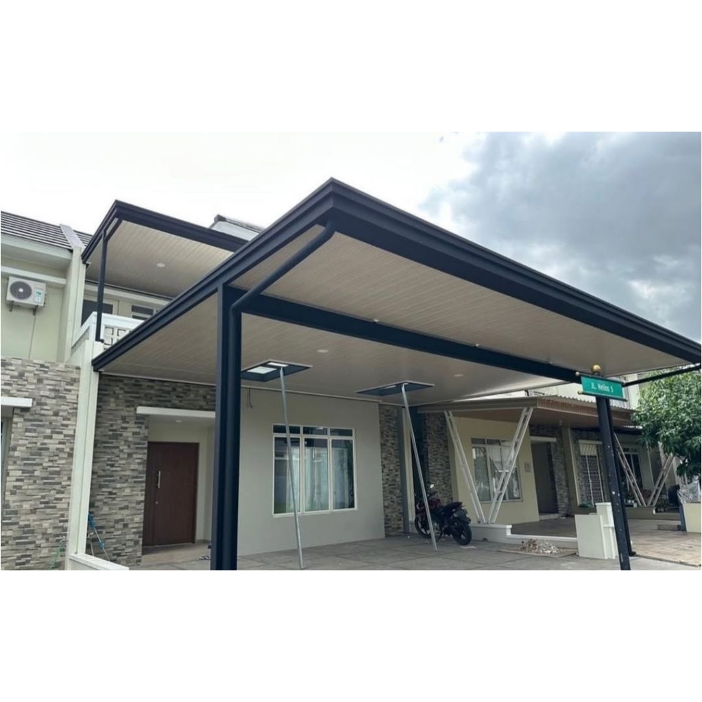 KANOPI BESI HOLLOW GALVANIS ATAP ALDERON DOBBEL LAYER DAN PLAFON PVC
