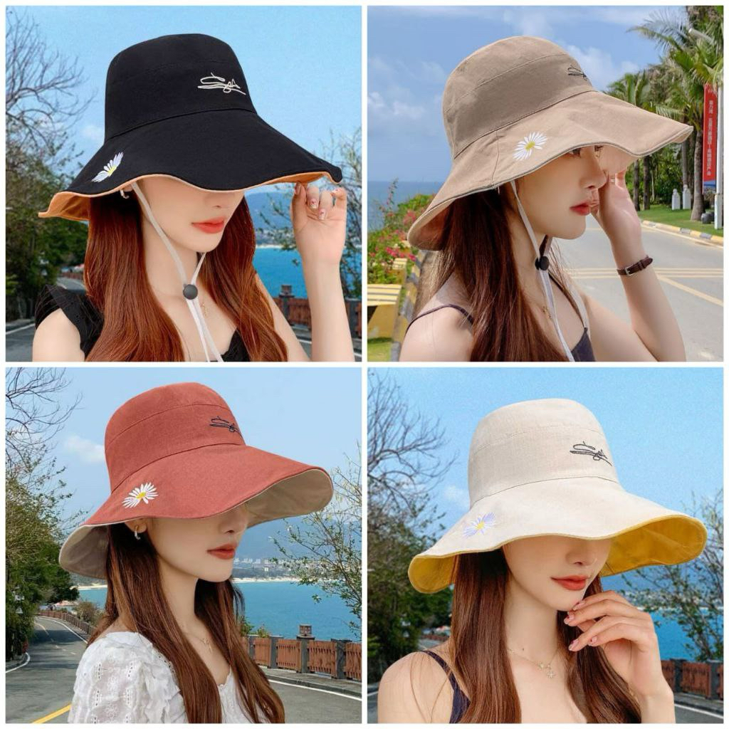 Topi Wanita Pelindung UV/Topi Pantai Bunga Daisy/Topi Golf Wanita 2 Warna Trendi Fashion