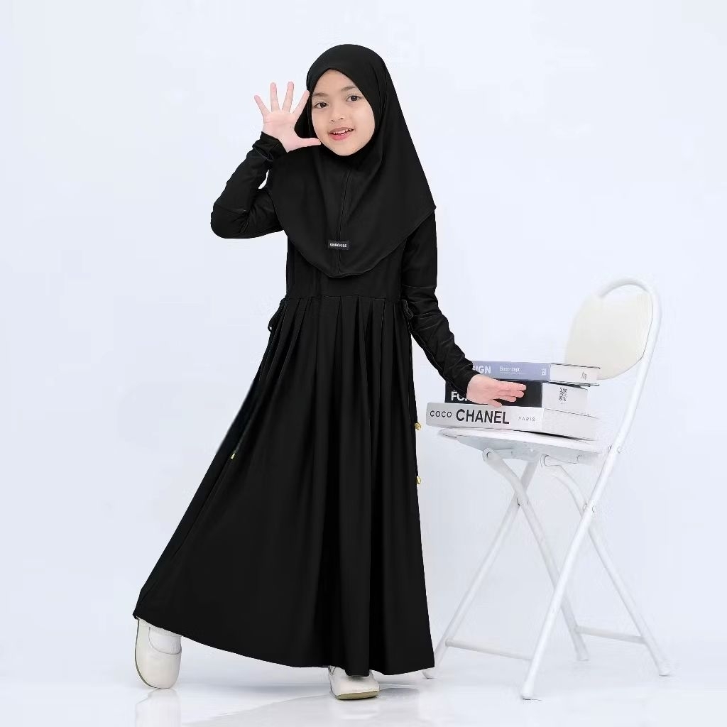 Gamis abaya anak inara kids serut pinggang usia anak dan remaja tanggung 5-15 tahun bahan jerseynya 