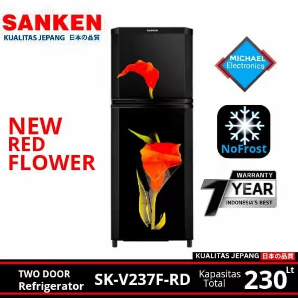 Promo New kulkas 2 pintu RED FLOWER NO FROST SK-V237FRD SANKEN Jepang
