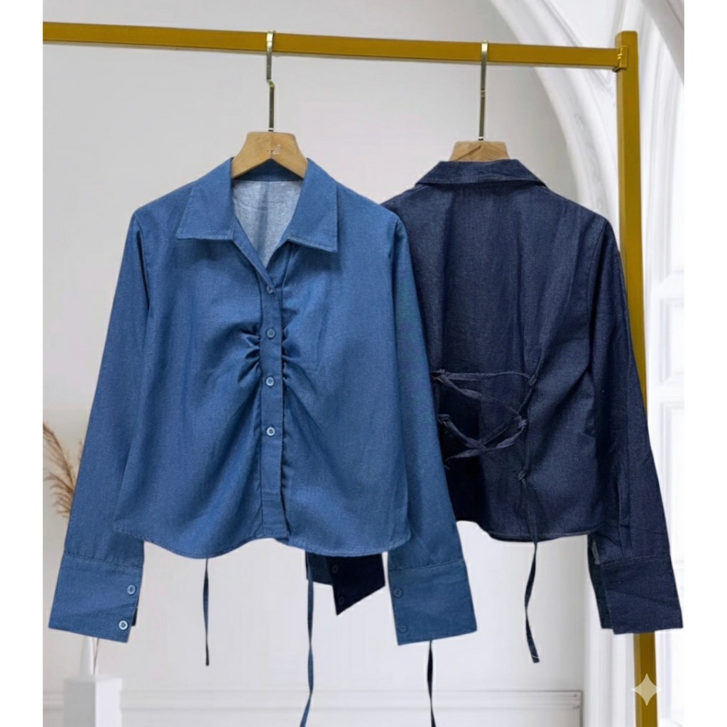 SEVARA - Sandy Top 0610 Kemeja Lengan Panjang Tali Serut Jeans Loewe Denim OOTD Casual-Korean Style