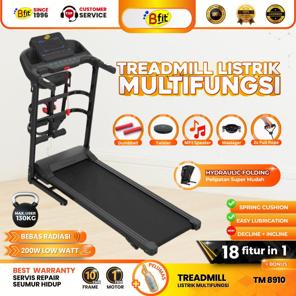 (SEMARANG) Treadmill Elektrik BFIT 8910 Multifungsi Murah Listrik Lipat Portable Low Watt Fitness