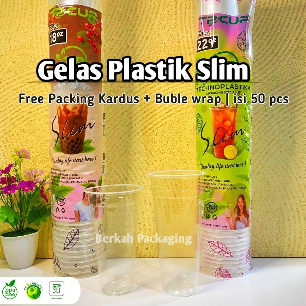 (50 pcs) Gelas Plastik 18oz - 22 oz  slim flate | Cup PP Slim Bening Transparan