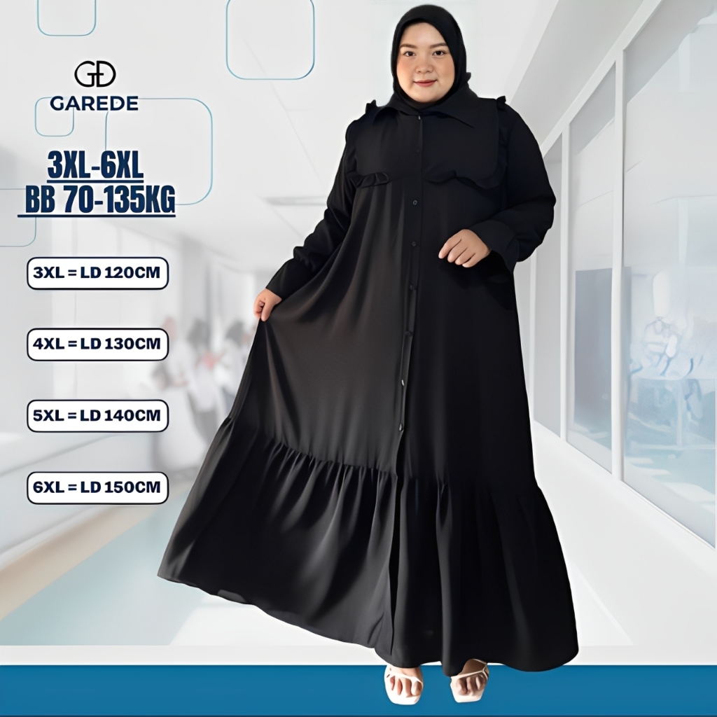 Garede - Gamis Jumbo LD 120 130 140 150 Hitam Polos Crinkle Premium Kondangan Lebaran Syari Terbaru