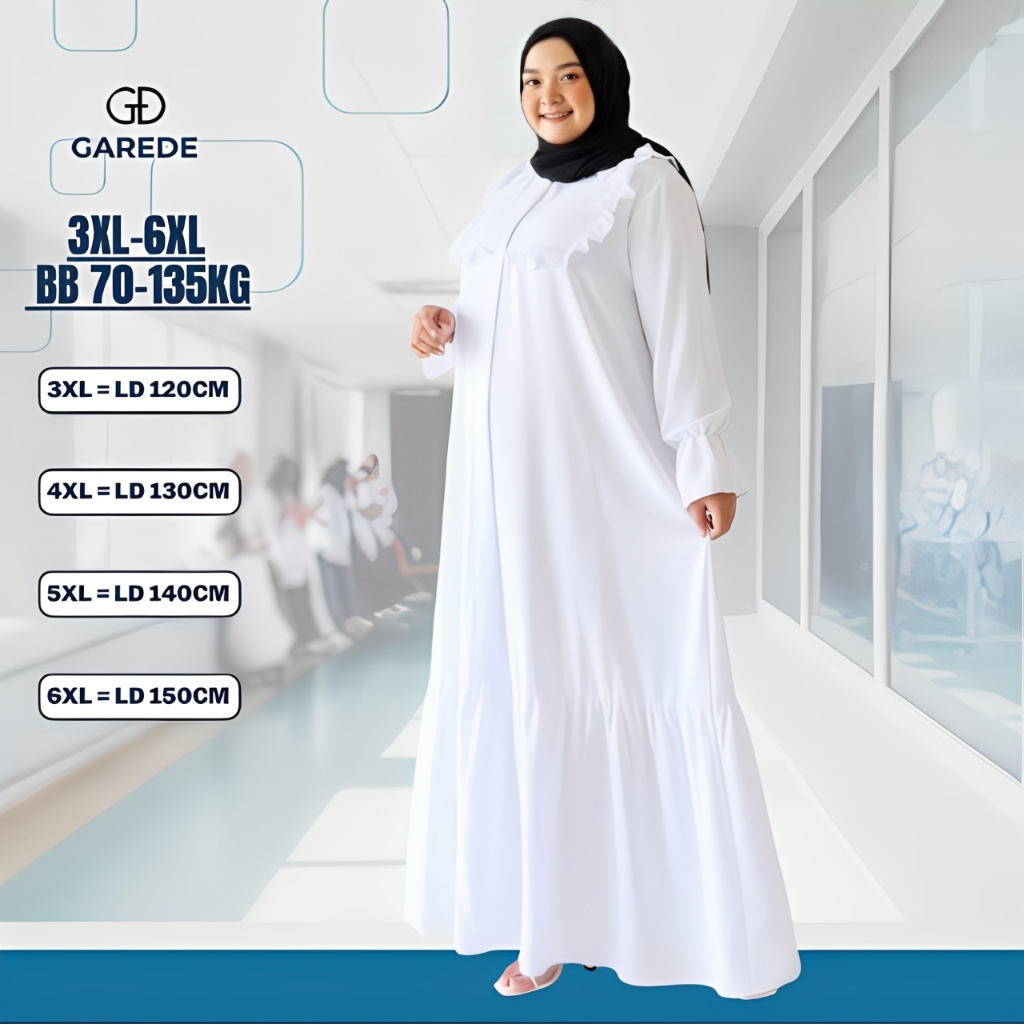 Garede - Gamis Jumbo LD 120 130 140 150 Putih Polos Premium Mewah Elegan Lebaran Kondangan