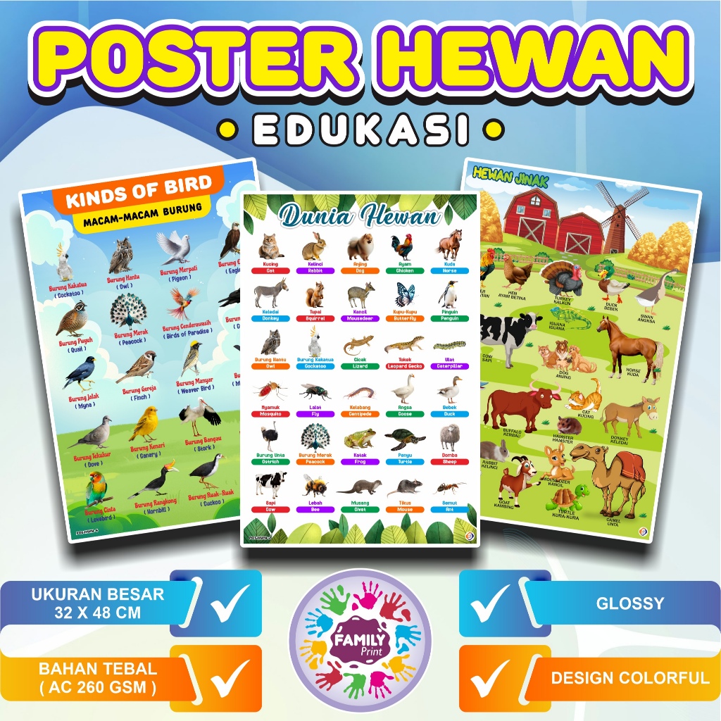 Poster Edukasi Anak Hewan Liar Dan Darat A3 || Poster Hewan Edukasi Anak Gambar Tajam A3