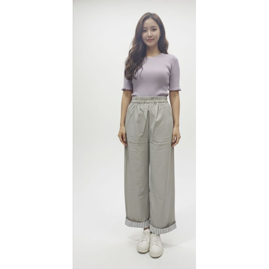 Celana Panjang Kulot Wanita Celana Pinggang karet Motif Lipat bawah Premium Celana korea Style