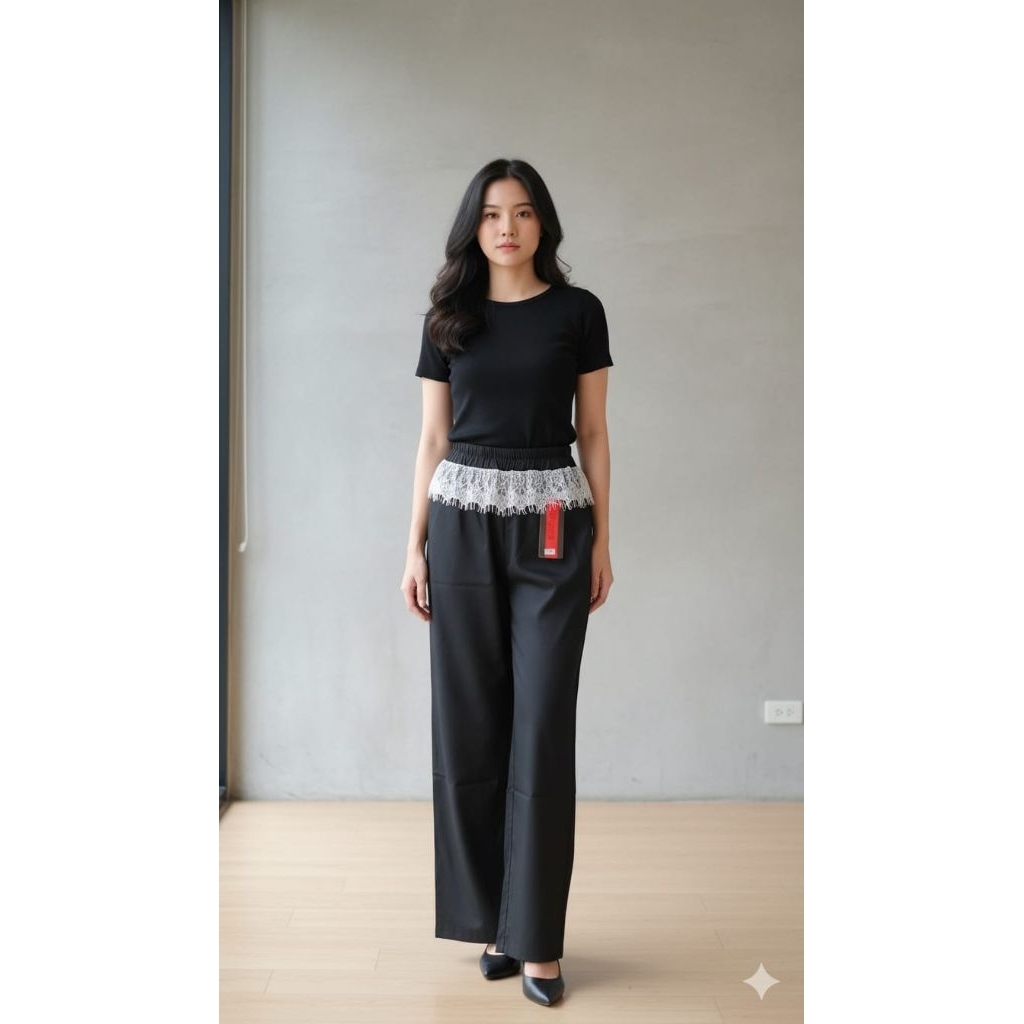 Celana Panjang Kulot Wanita Celana Pinggang Karet Renda Premium Celana Korea Style