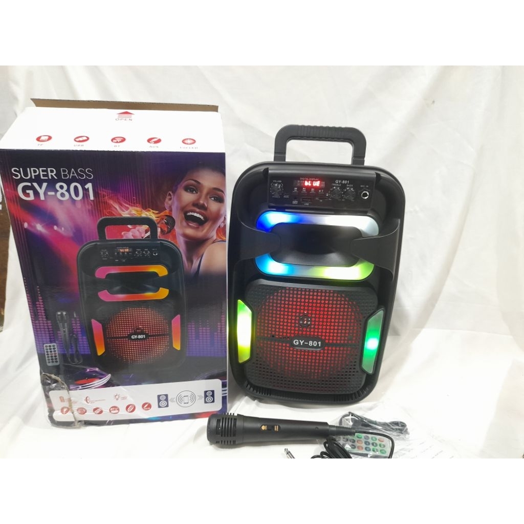 super bass gy 801speaker portabel bluetooth Bonus mic kabel tersambung Ukuran 8 inchi22 x 18 x 38 cm