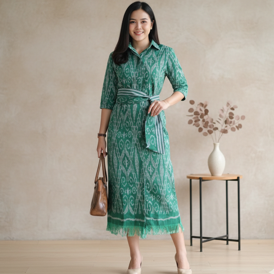 NAI - Natasha Dress Tenun Ikat Warna Hijau PREMIUM TEBAL PADAT LIMITEDITION, BERFURING
