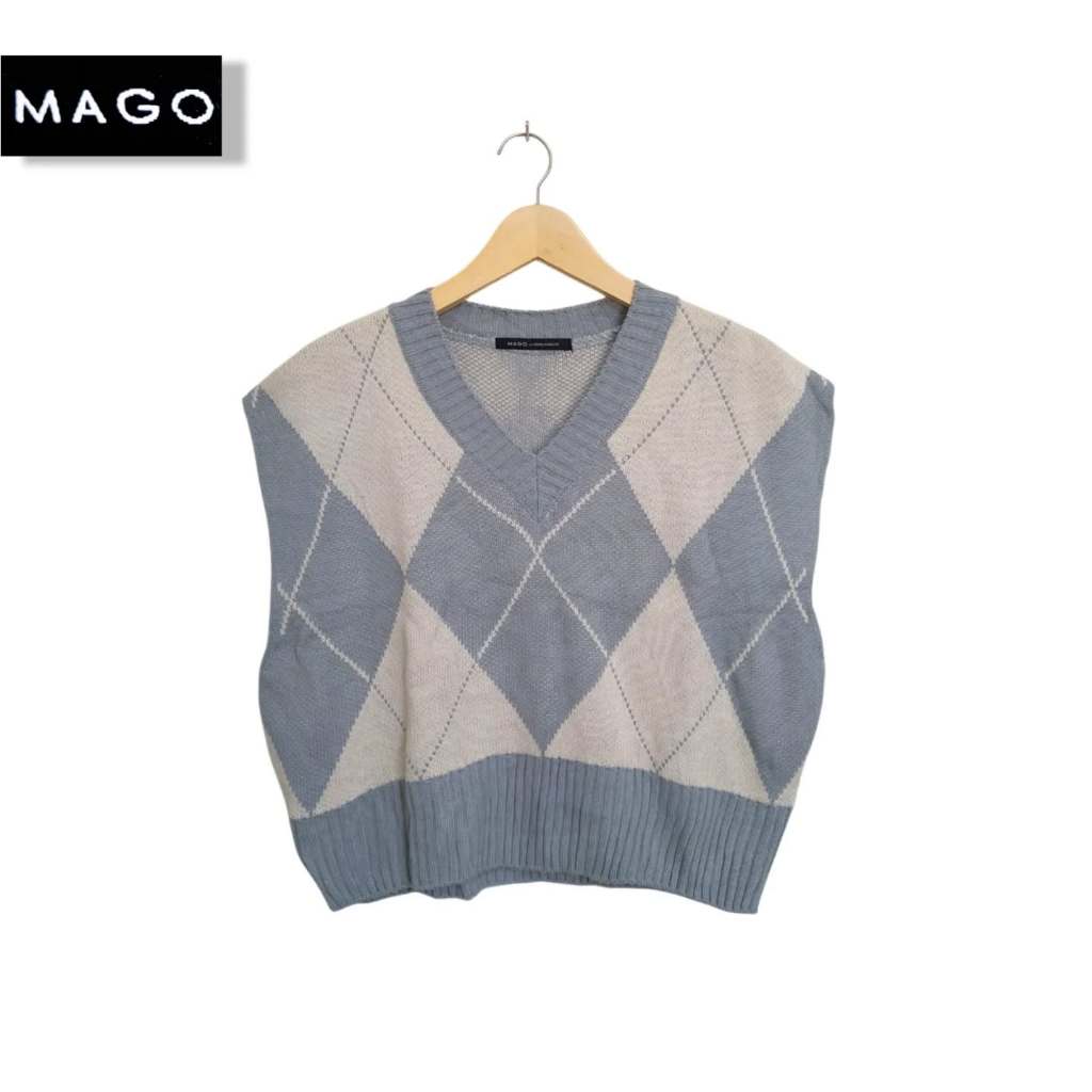 Vest Crop Motif Ketupat Argyle Blue Denim (KODE : B113 - 08)