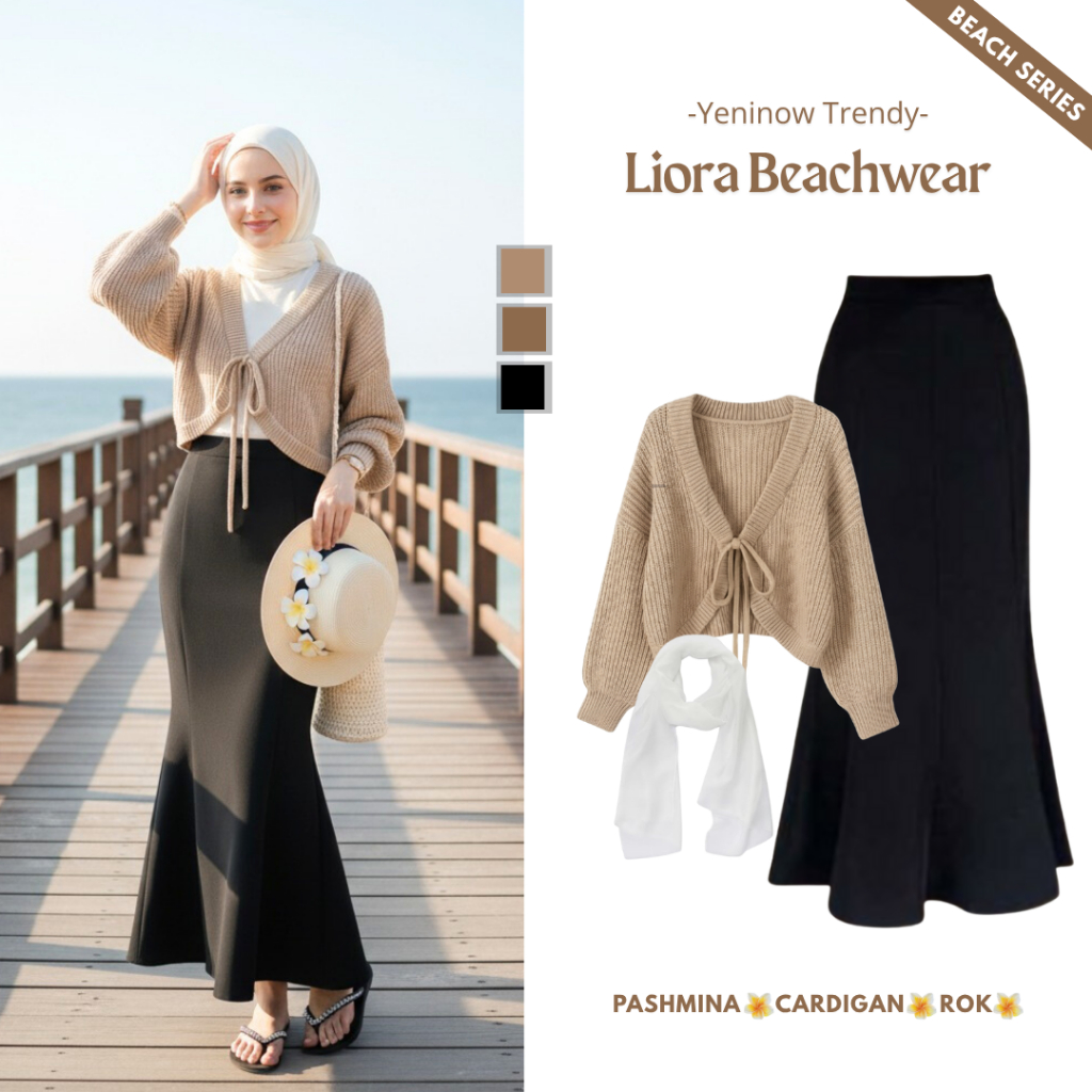 Liora Beachwear One Set Hijab 3in1 (Cardigan,Rok Duyung, Pashmina) Setelan Wanita Kekinian Simple Da