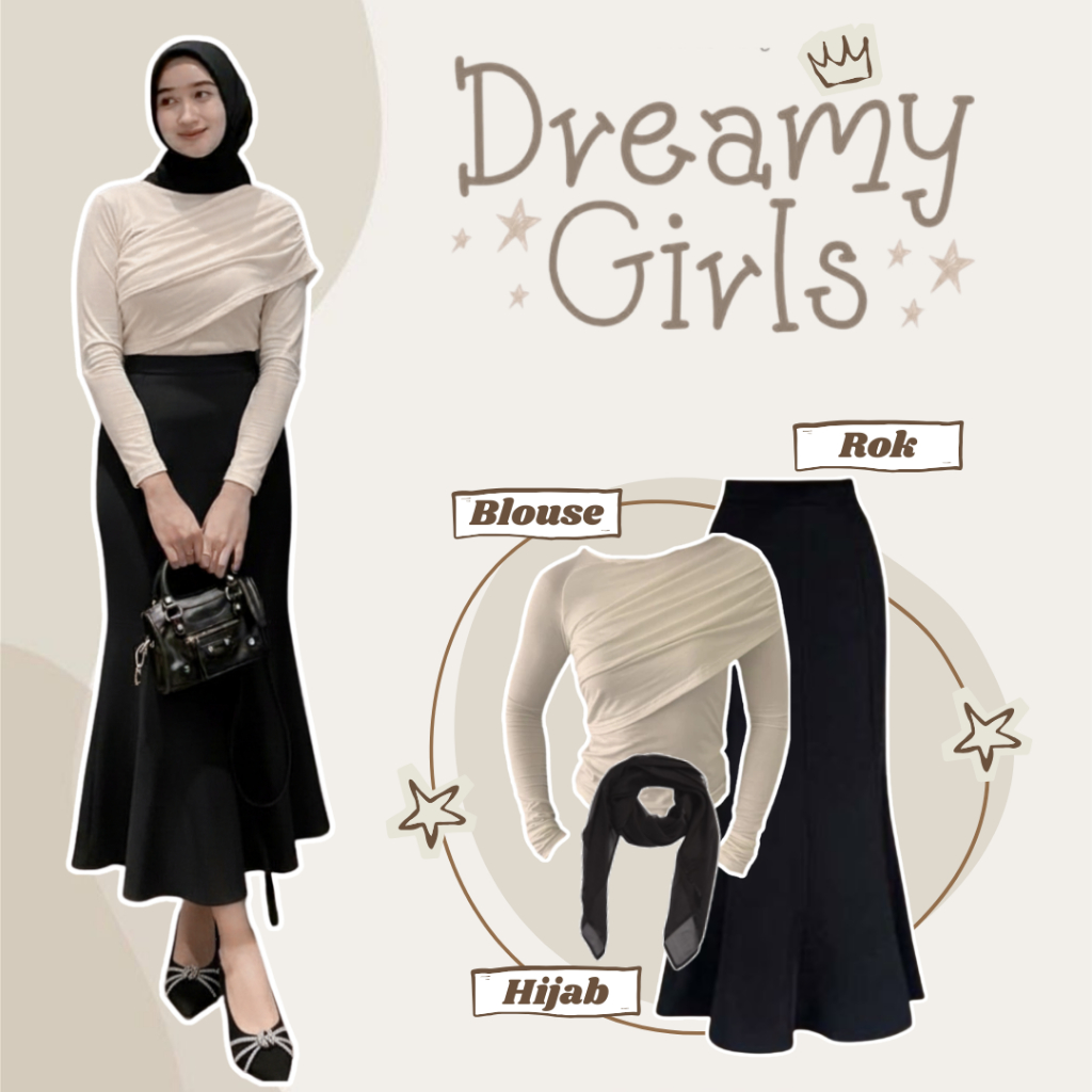 One Set Elegan Wanita Korean Style (Blouse Korean Style + Rok Duyung Korean Style + Hijab Segi Empat