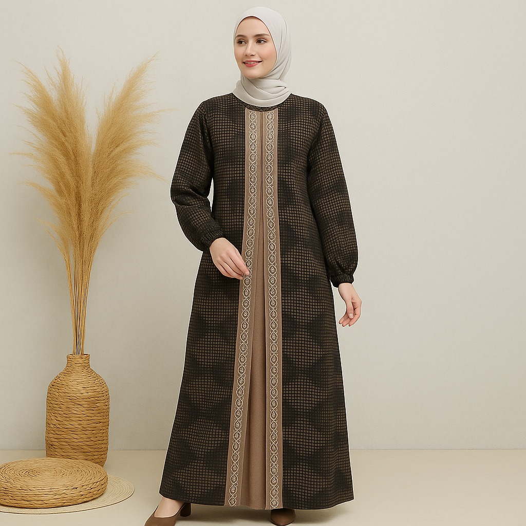 Gamis Wanita Motif Kotak Lengan Panjang Merk Ribera