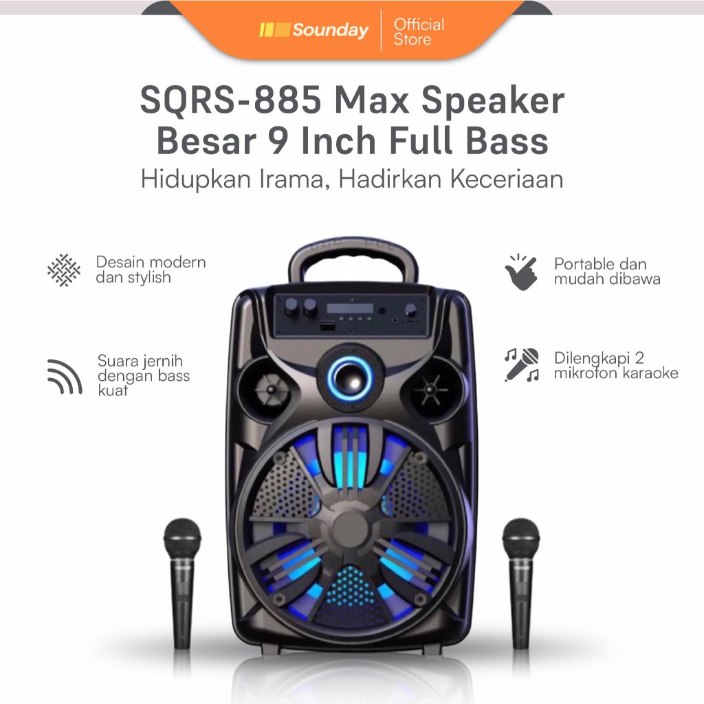 Sounday Speaker Bluetooth SQRS-885 Max 9 Inch Full Bass Portable Karaoke Gratis Mic
