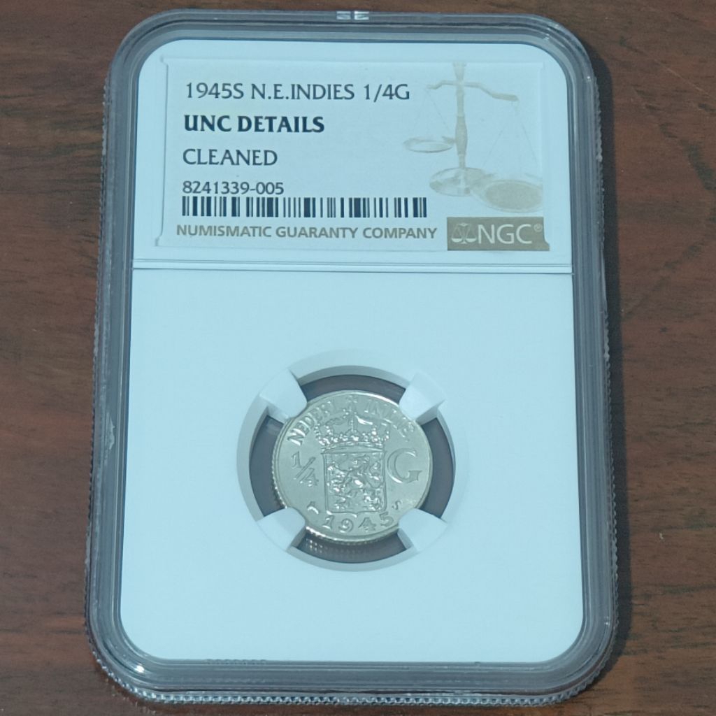 NGC KOIN PERAK NETHERLANDS INDIES 1/4 GULDEN 1945S NGC UNC DETAILS CLEANED 8241339005