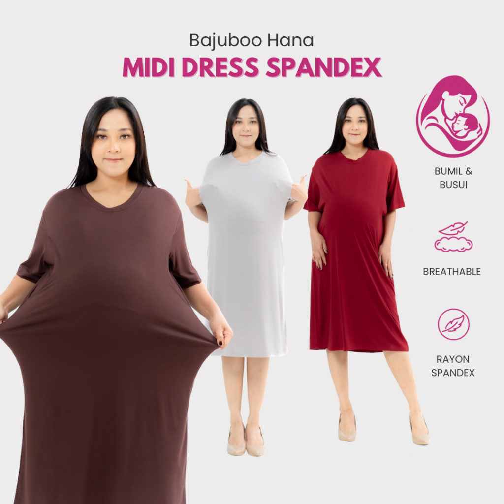 Bajuboo Hana - Dress, Midi Dress Kaos Premium, Non Busui & Bumil Busui Spandex Rayon Premium