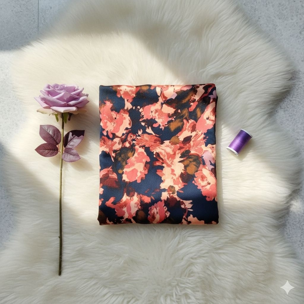 Kain Satin Silk Motif Floral Abstrak Peach Navy Bahan Premium Dress Blouse (Meteran) Lq