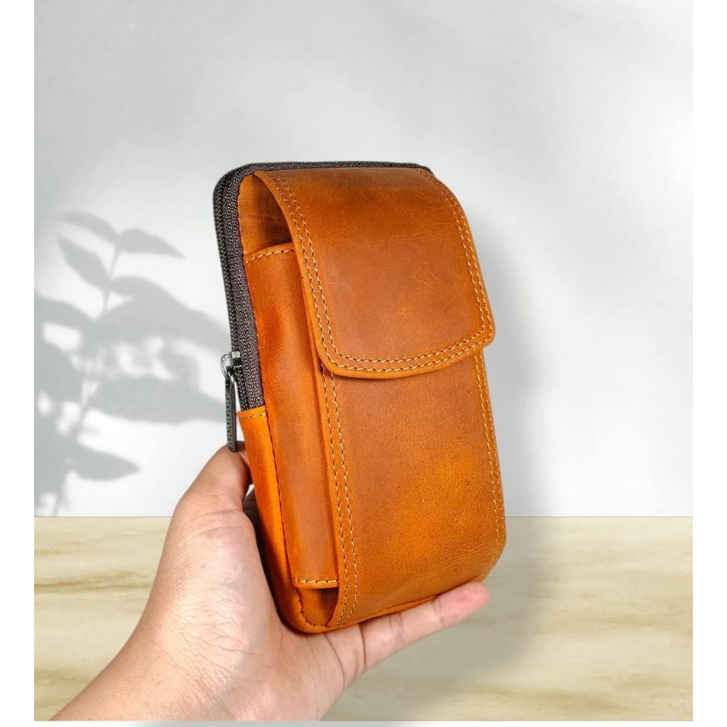 Dompet Doubel Hp Pinggang Pria Kulit Asli Crazy Horse