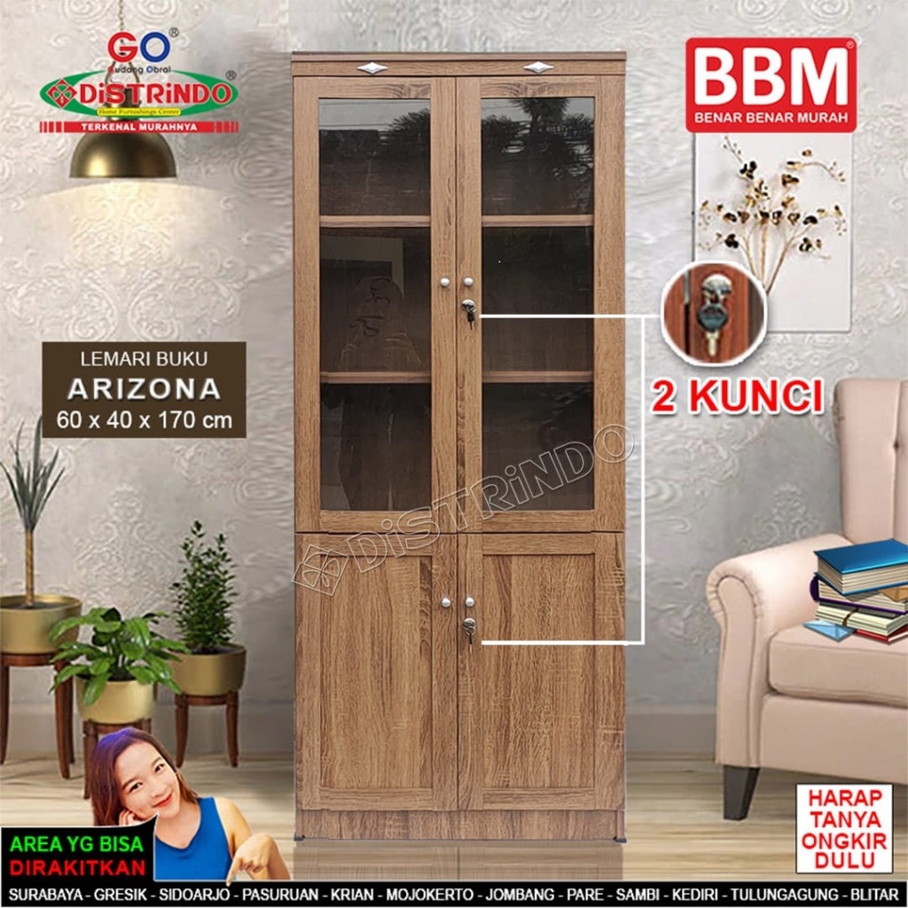 Distrindo - Bufet Lemari Hias Etalase Pintu Kaca+ 2 Kunci Rak Tebal Bisa untuk Buku Tas Kosmetik