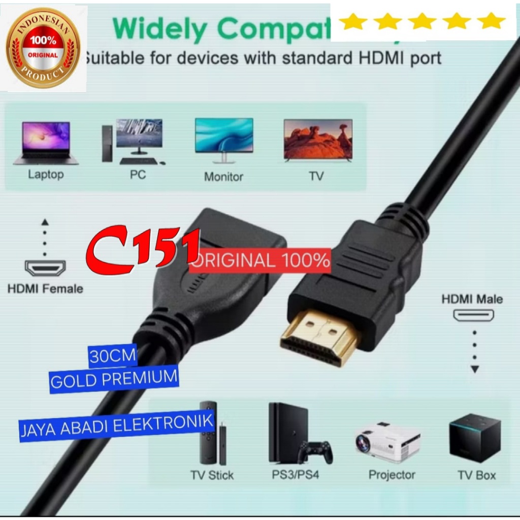 C151 ORIGINAL 100% KABEL 30 CM CEWE COWO EXTENSI EXTENSION CORD SAMBUNGAN HDMI MALE TO FEMALE PERPAN