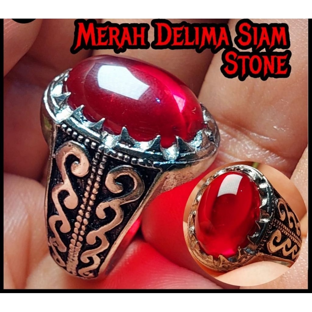 Cincin batu merah delima siam 18mm ring ukir iranian timur tengah batu akik pria