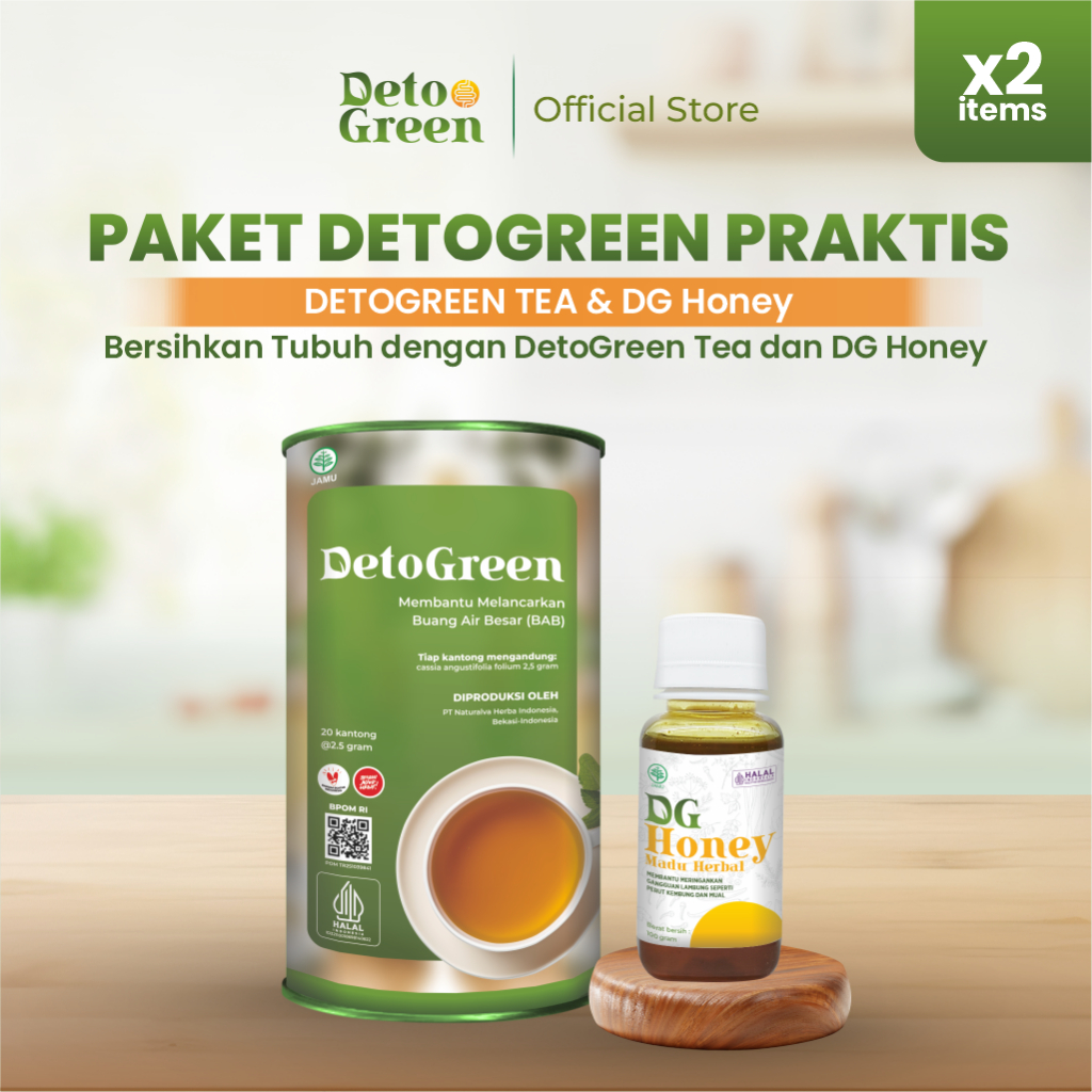 DetoGreen Tea & DetoGreen Honey Paket Detox Alami untuk Usus Lebih Sehat 2 PCS