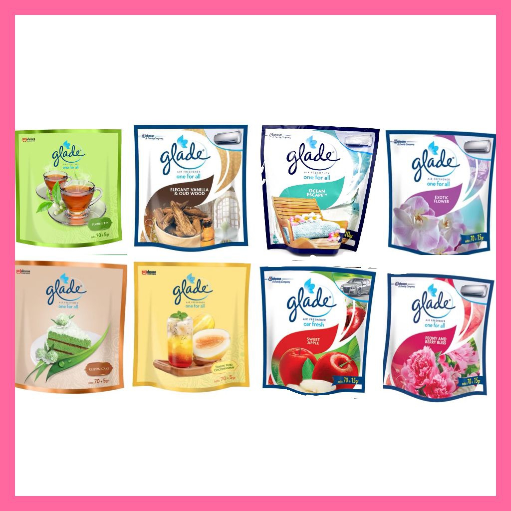 glade pengharum teh apel ocean flower vanila wangi parfum ruangan mobil toilet AC one for all 70gr