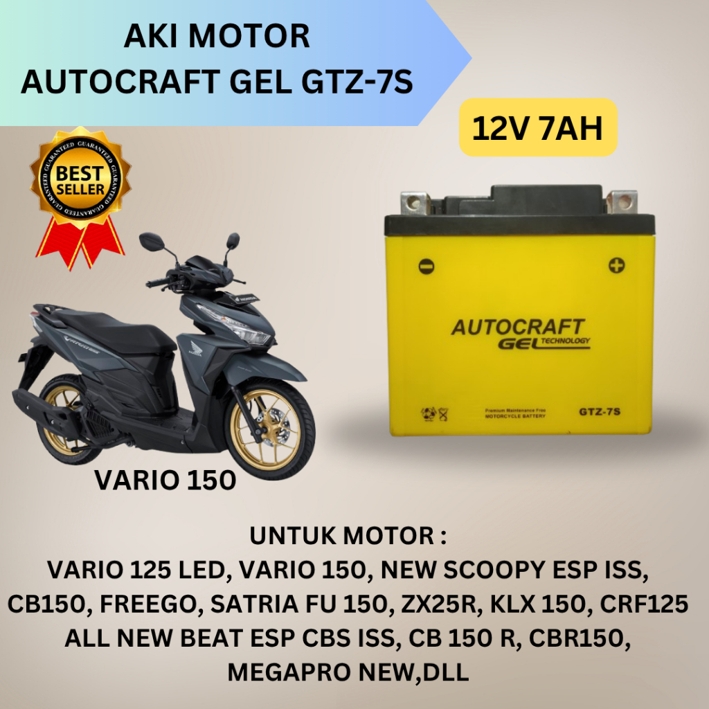 aki motor kering beat deluxe scoopy iss satria fu 150 autocraft gel gtz-7s (12V 7AH)Aki tahan lama b