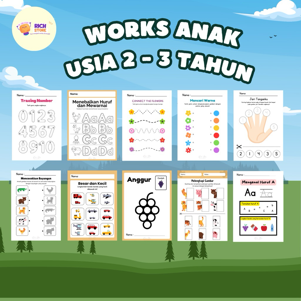 Lembar Kerja anak usia 2 tahun - 3 tahun | Worksheet 25 Lembar | Berupa cetak kertas A4 bukan PDF