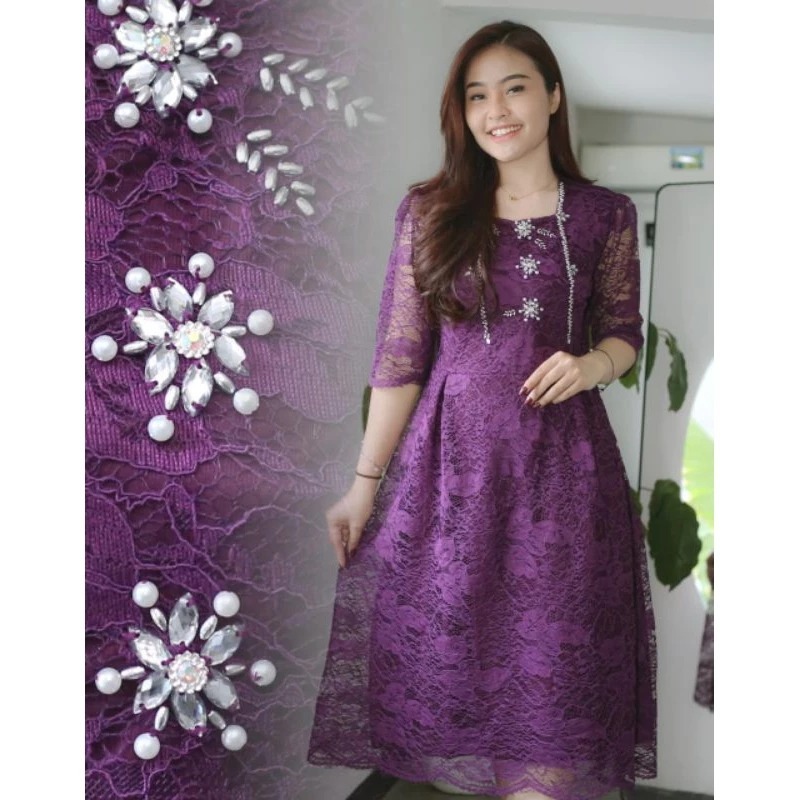 Dress brokat PEVITA full payet Dress Pesta Natal Super Mewah Lengan Pendek Dress Kondangan Elegan Dr
