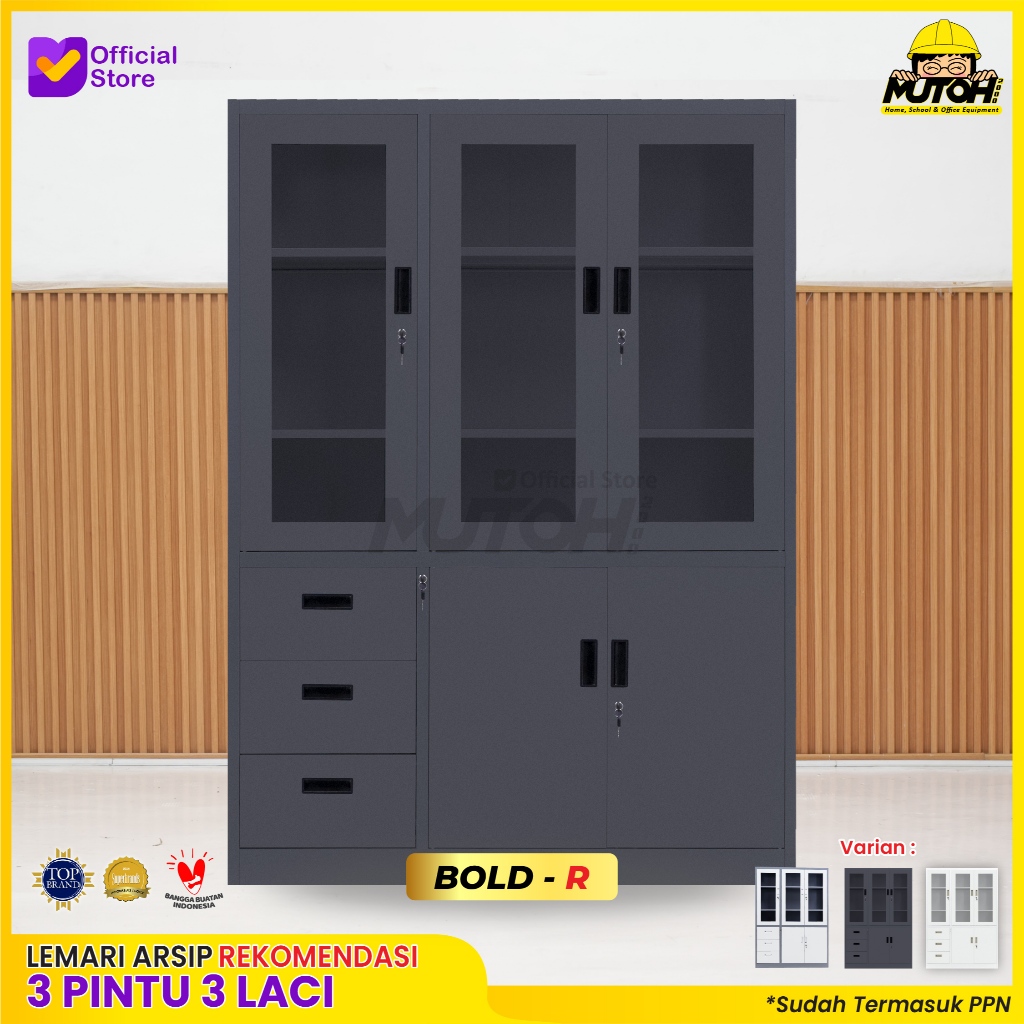 Lemari arsip 3 pintu REKOMENDASI | lemari besi arsip 3 pintu swing kombinasi 3 laci MUTOH2000