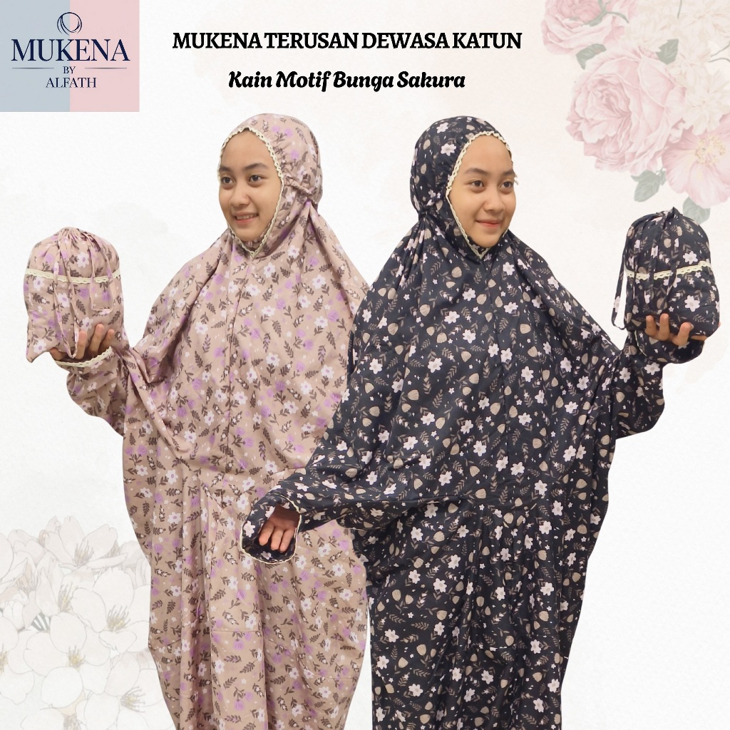 Mukena Travel Ukuran Dewasa Kain Katun Motif Renda Rajut Model Terusan Indah Bonus Tas