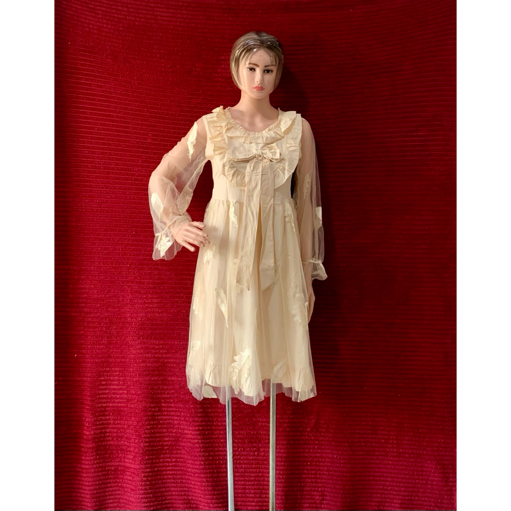 DRESS PESTA TILE WANITA CREAM BRUKAT BROKAT NONE KEKINIAN TALI PINGGANG