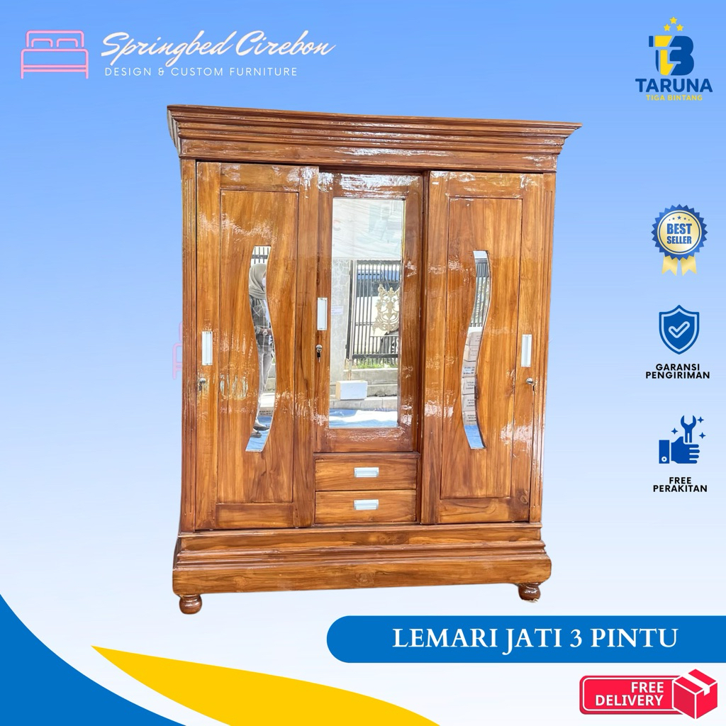 Lemari Jati 3 Pintu Finishing Plistur Coklat Cirebon Indramayu Kuningan Bandung Bekasi Subang Pekalo