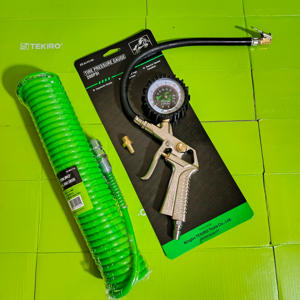 Paket Selang Spiral Kompresor Agin Tekiro Recoil Green 6 Meter + Tekipo By Tekiro Tire Pressure Gaug