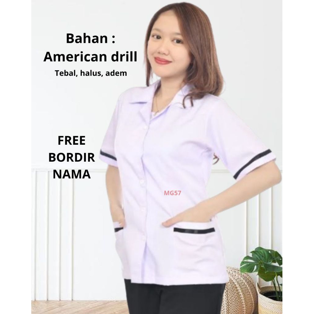 Baju pdh putih wanita lengan pendek kerah rebah list hitam