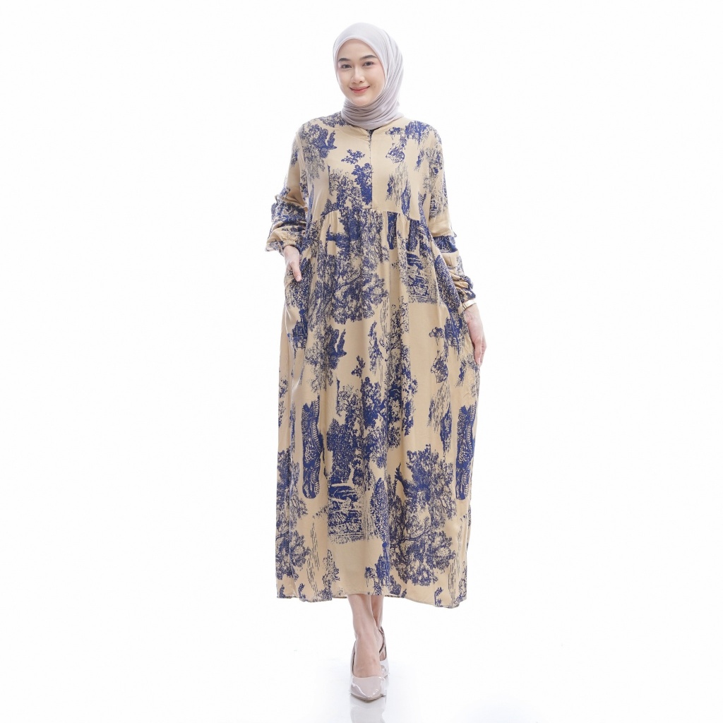 Velisa Maroon Ribbon Dress - Gamis Premium Motif Pita Elegan Muslimah Modern-Diamon krem navy