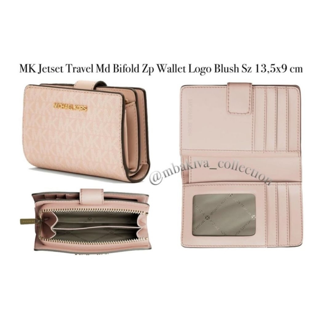 MK Jet set Travel Md Bifold Zp Wallet Logo Blush