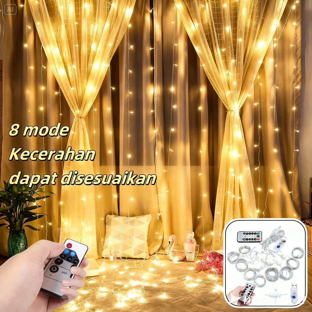 Lampu Tumbler LED Tirai Dekorasi Hias Natal 3x3 Meter Twinkle Light 100 LED Dekorasi Kamar Murah Lam
