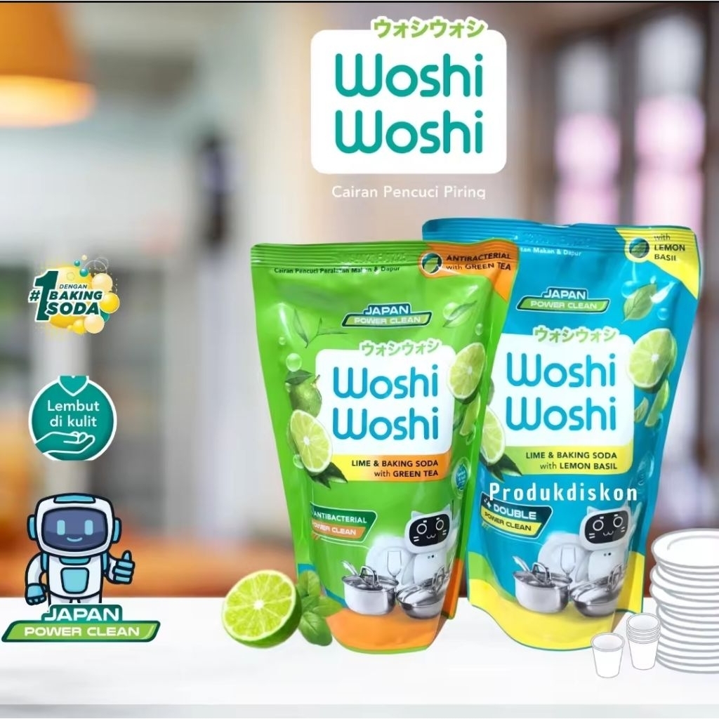 Woshi Woshi Sabun Cuci Piring Cair Lime Baking Soda 1500ml / 400ml Botol