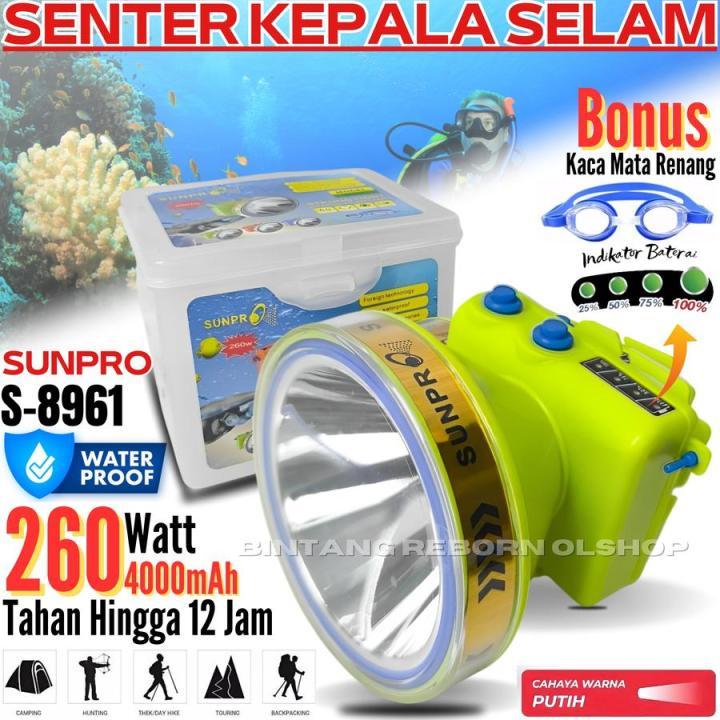 Senter Kepala Selam LED Sunpro S-8961 Diving Headlamp 260W + Goggles Senter Diving Sunpro