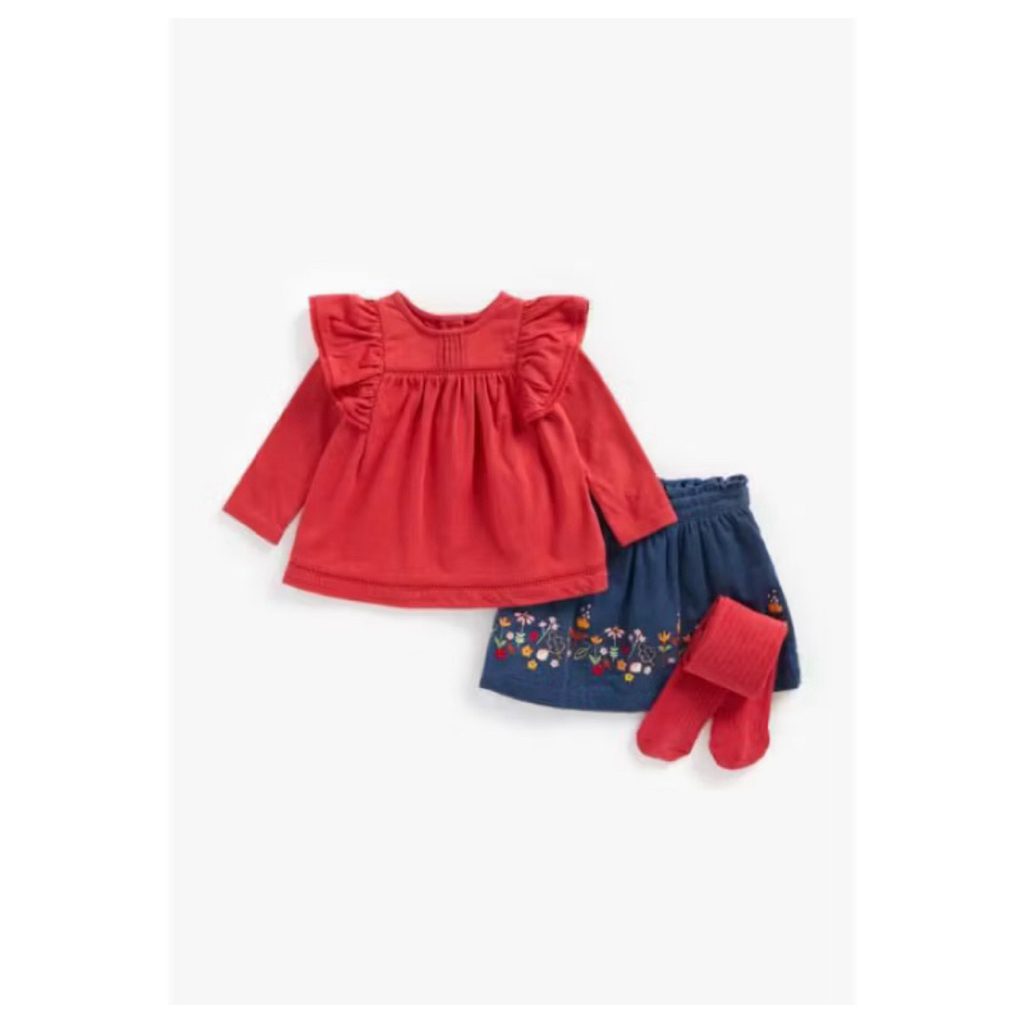mothercare red t-shirt, Cord skirt , Tights