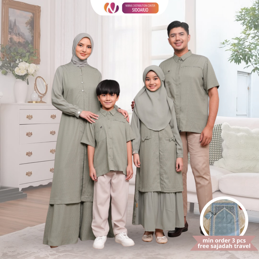 Baju Couple Lebaran 2026 IBU AYAH Gamis & Koko Anak Premium Nibras Eldia Light Olive