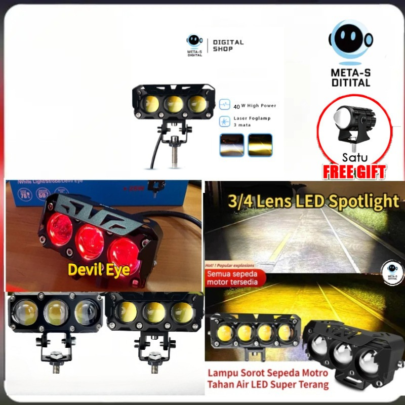 Lampu LED Motor BILED 3 Mata 4 Mata 24V Lampu Tembak Sorot Laser Putih Kuning Merah