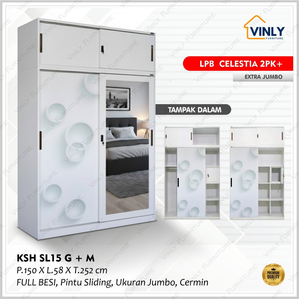 Lemari / Lemari Pakaian Besi 2 Pintu Sliding + 2 Pintu Sliding Extra Tinggi Vinly