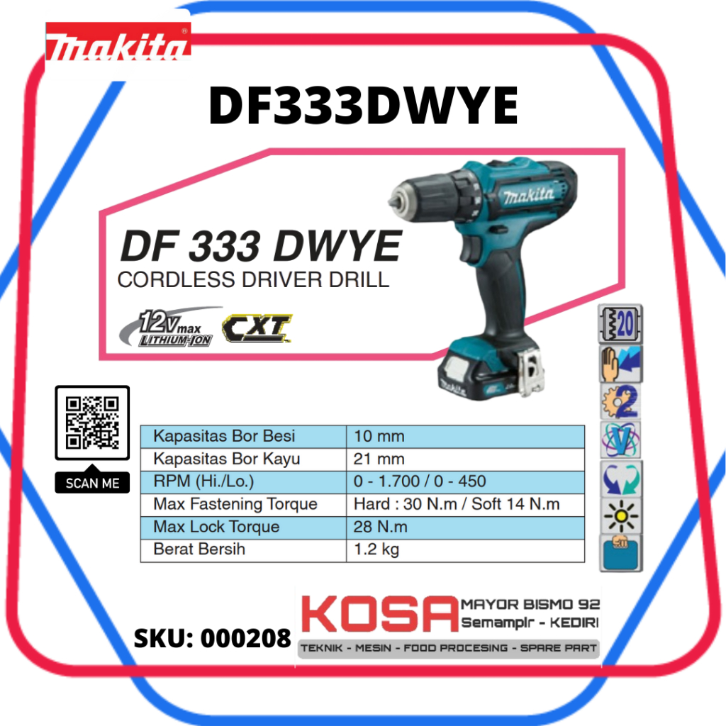 MAKITA DF333DWYE Bor Baterai 10mm MAKITA DF-333DWYE Bor Cordless MAKITA DF 333