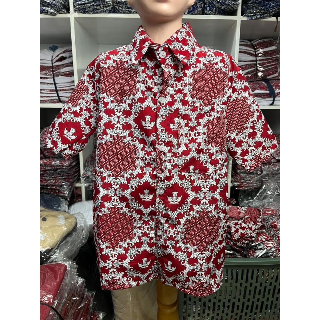 Seragam anak sekolah sd batik lereng merah tangan pendek unisex