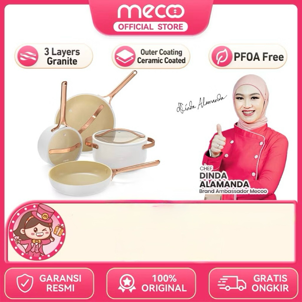MECOO Most Aesthetic Premium Non-stick Cookware Set 7 Pcs Granit Anti Lengket.